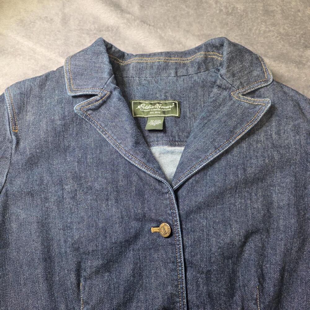 Vintage Eddie Bauer Jacket Womens 10 Blue Denim Button Front Blazer Pockets